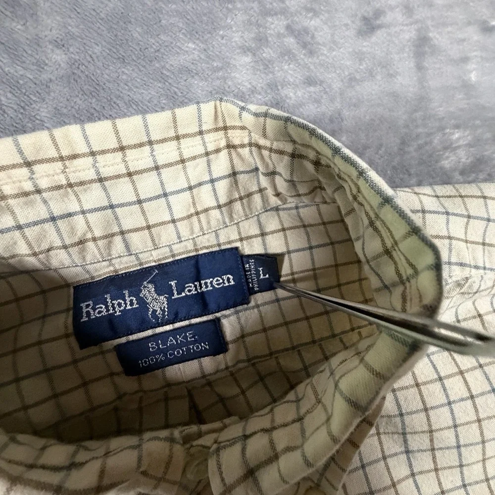 Polo Ralph Lauren Shirt Men's Large Tan Windowpane Plaid Long Sleeve Preppy Pony